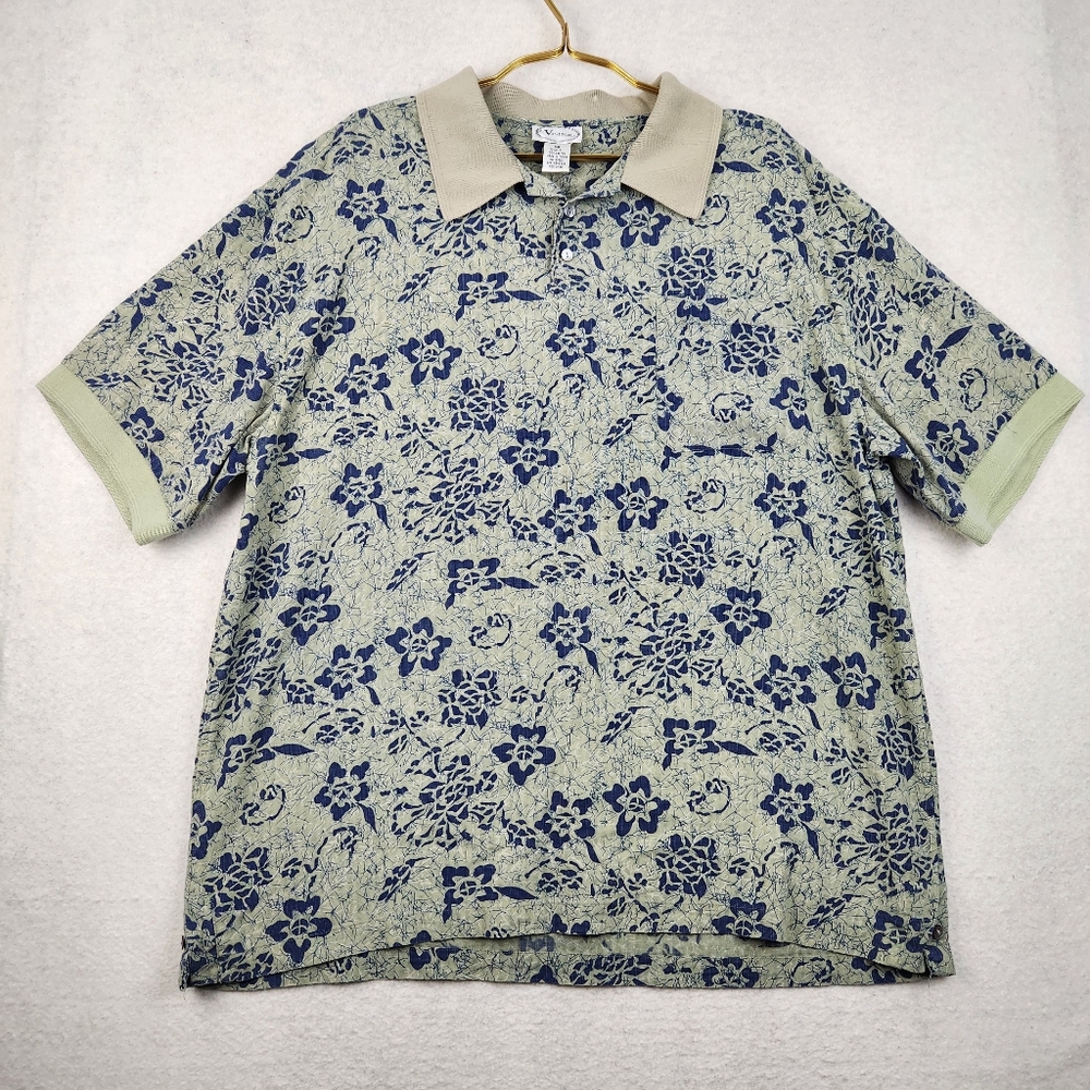 Visitor Men Sz XXL Silk Blend Beige/Blue Floral Tropical Short Sleeve Polo Shirt